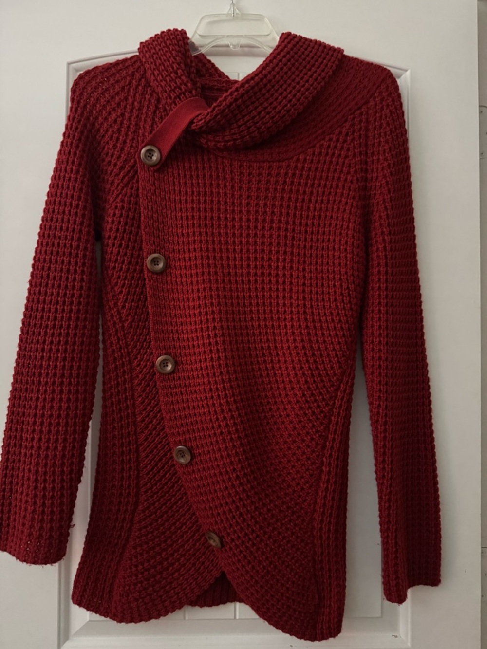 Asymmetrical Button-Waist Knit Cardigan - Deep Red